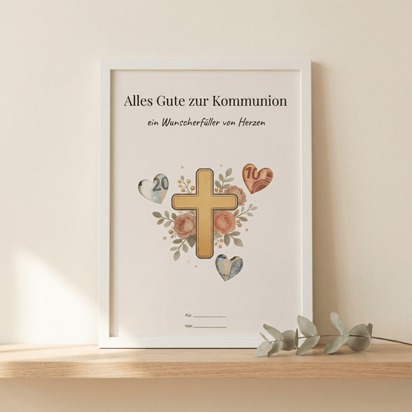 Wunscherfüller Kommunion — Kreuz, Geldgeschenk Vorlage zum Ausdrucken - Lenora