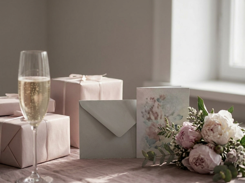 Geschenketisch mit weißen Umschlägen.