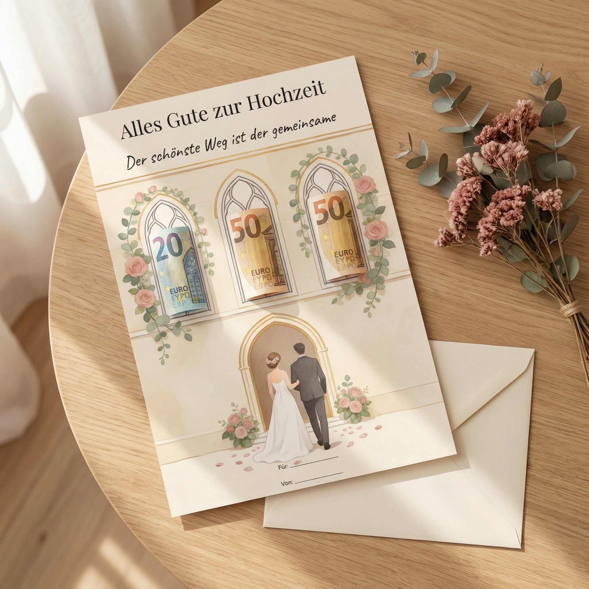Wunscherfüller Hochzeit — Kirchenfenster, Geldgeschenk Vorlage zum Ausdrucken - Lenora