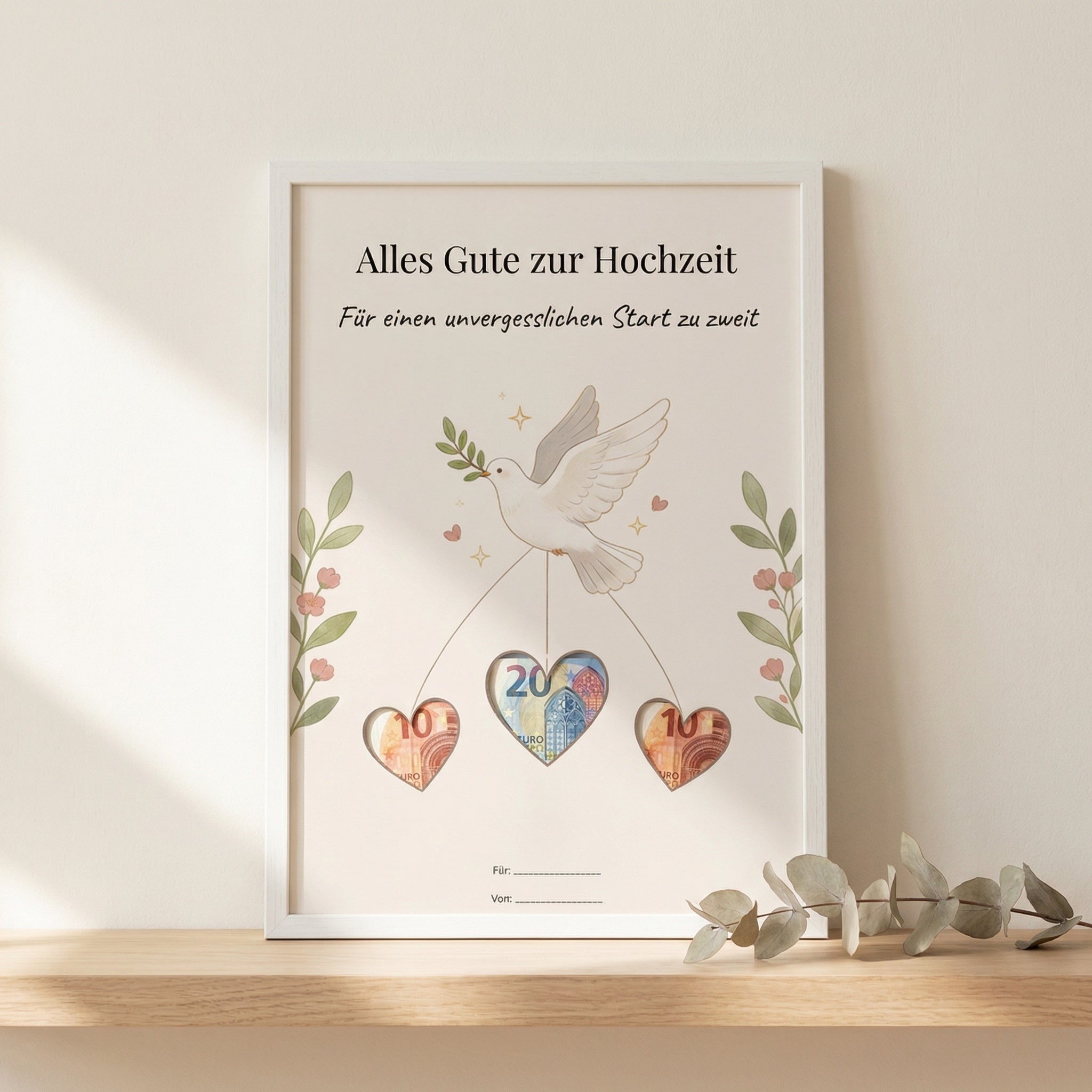 Wunscherfüller Hochzeit — Taube, Geldgeschenk Vorlage zum Ausdrucken - Lenora
