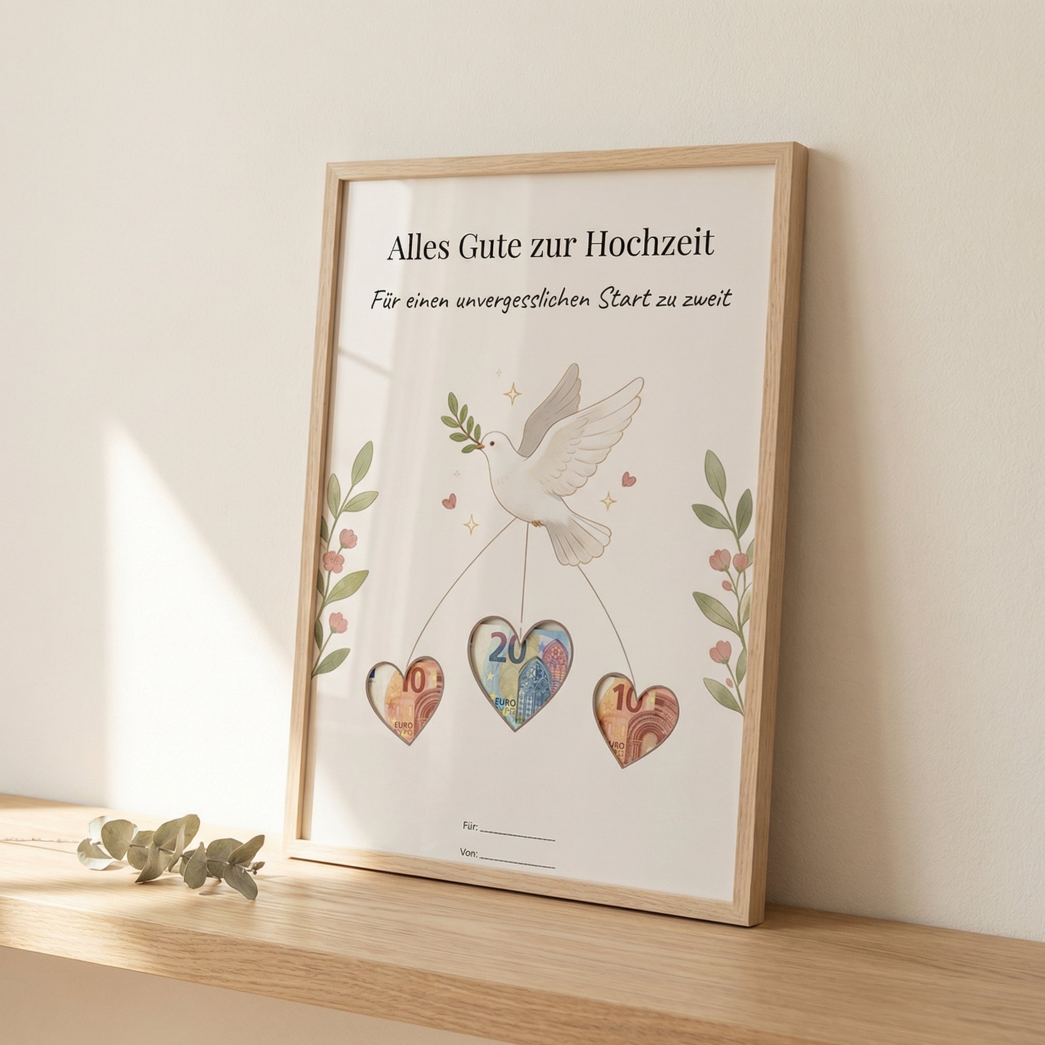 Wunscherfüller Hochzeit — Taube, Geldgeschenk Vorlage zum Ausdrucken - Lenora