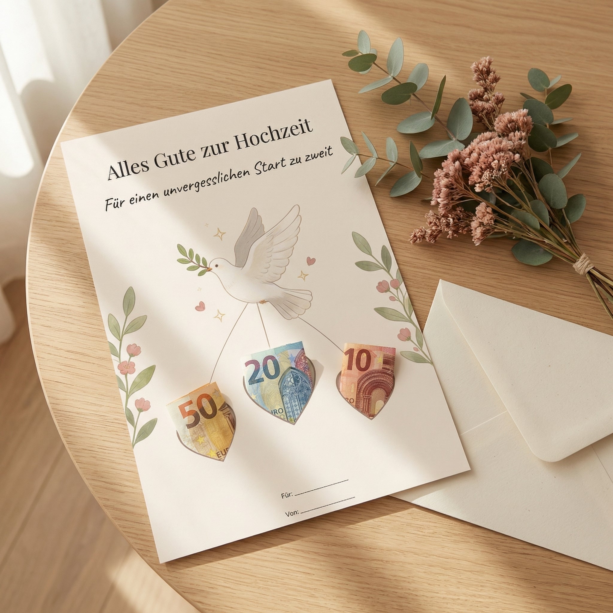 Wunscherfüller Hochzeit — Taube, Geldgeschenk Vorlage zum Ausdrucken - Lenora