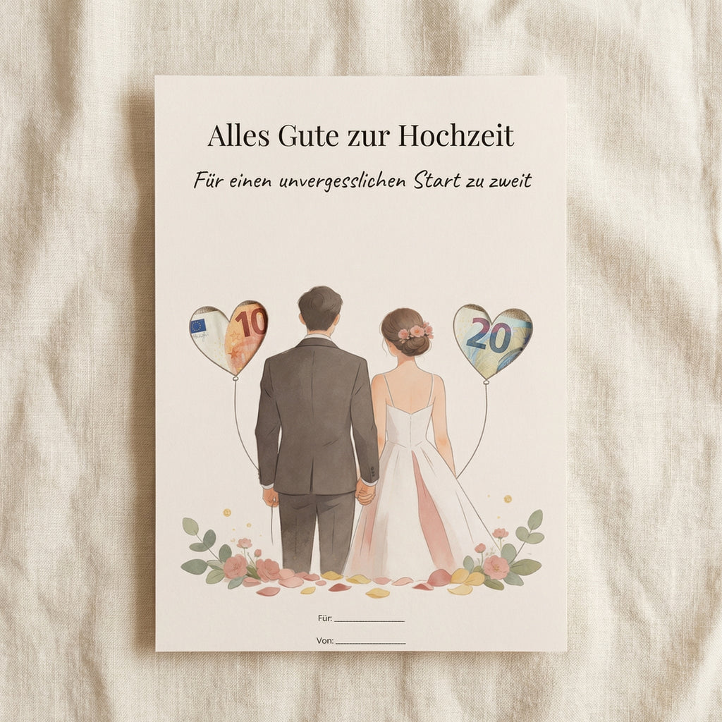 Wunscherfüller Hochzeit — Brautpaar mit Herzen, Geldgeschenk Vorlage zum Ausdrucken - Lenora
