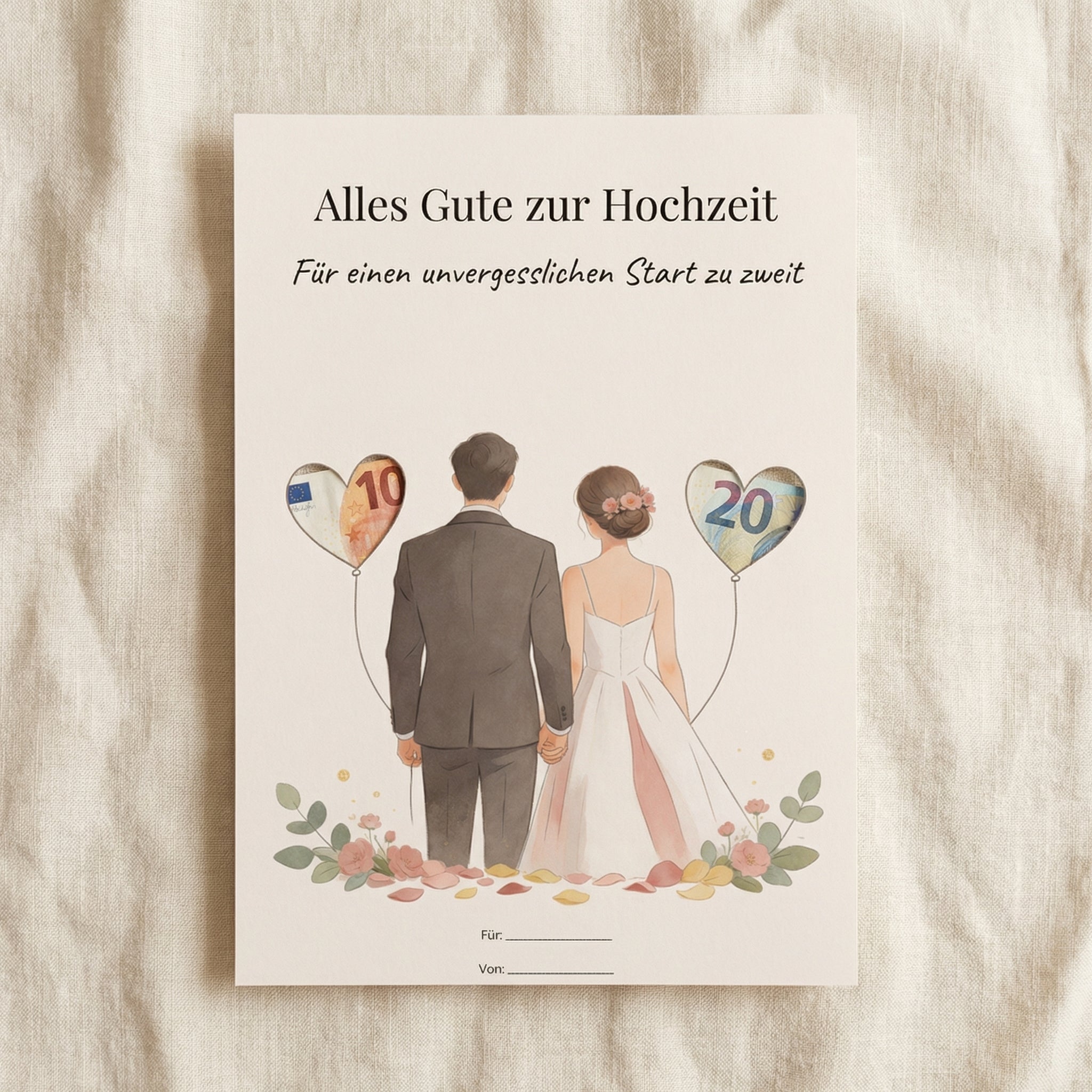 Wunscherfüller Hochzeit — Brautpaar mit Herzen, Geldgeschenk Vorlage zum Ausdrucken - Lenora