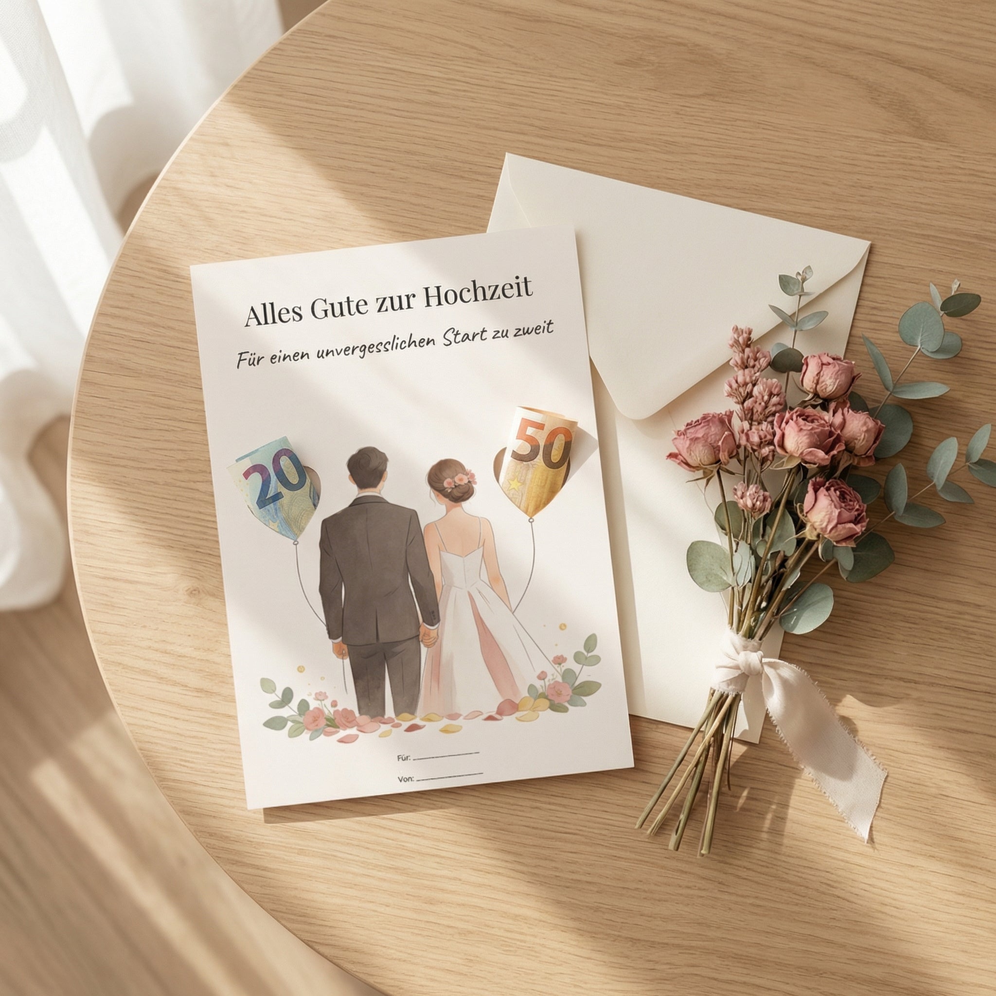 Wunscherfüller Hochzeit — Brautpaar mit Herzen, Geldgeschenk Vorlage zum Ausdrucken - Lenora