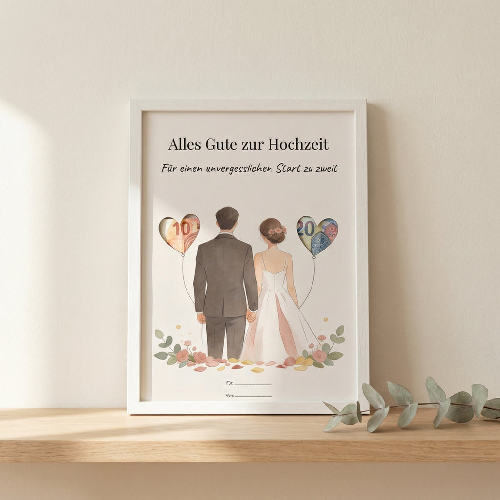 Wunscherfüller Hochzeit — Brautpaar mit Herzen, Geldgeschenk Vorlage zum Ausdrucken - Lenora