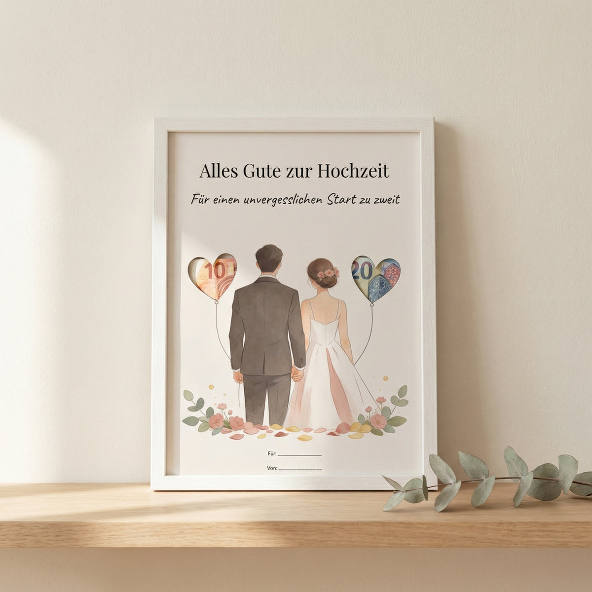 Wunscherfüller Hochzeit — Brautpaar mit Herzen, Geldgeschenk Vorlage zum Ausdrucken - Lenora