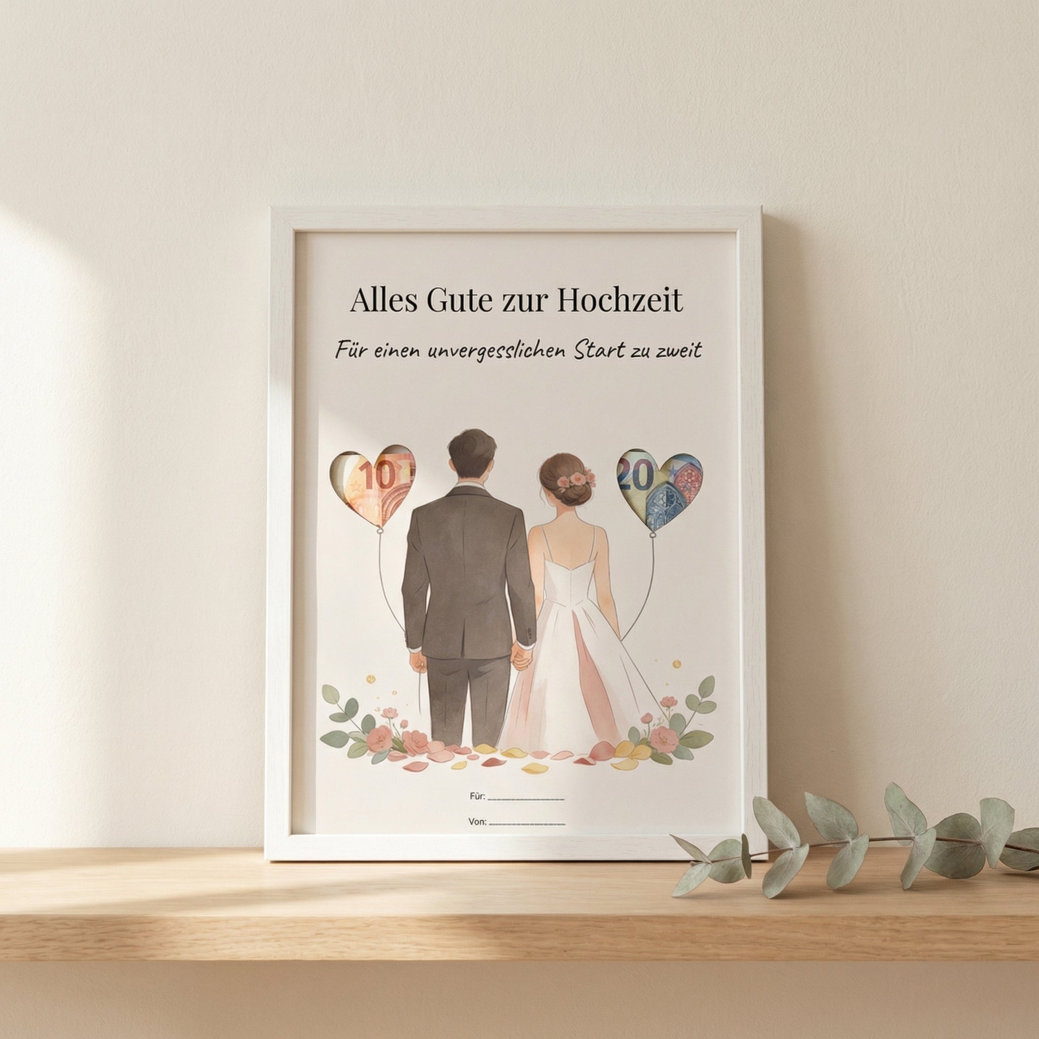 Wunscherfüller Hochzeit — Brautpaar mit Herzen, Geldgeschenk Vorlage zum Ausdrucken - Lenora