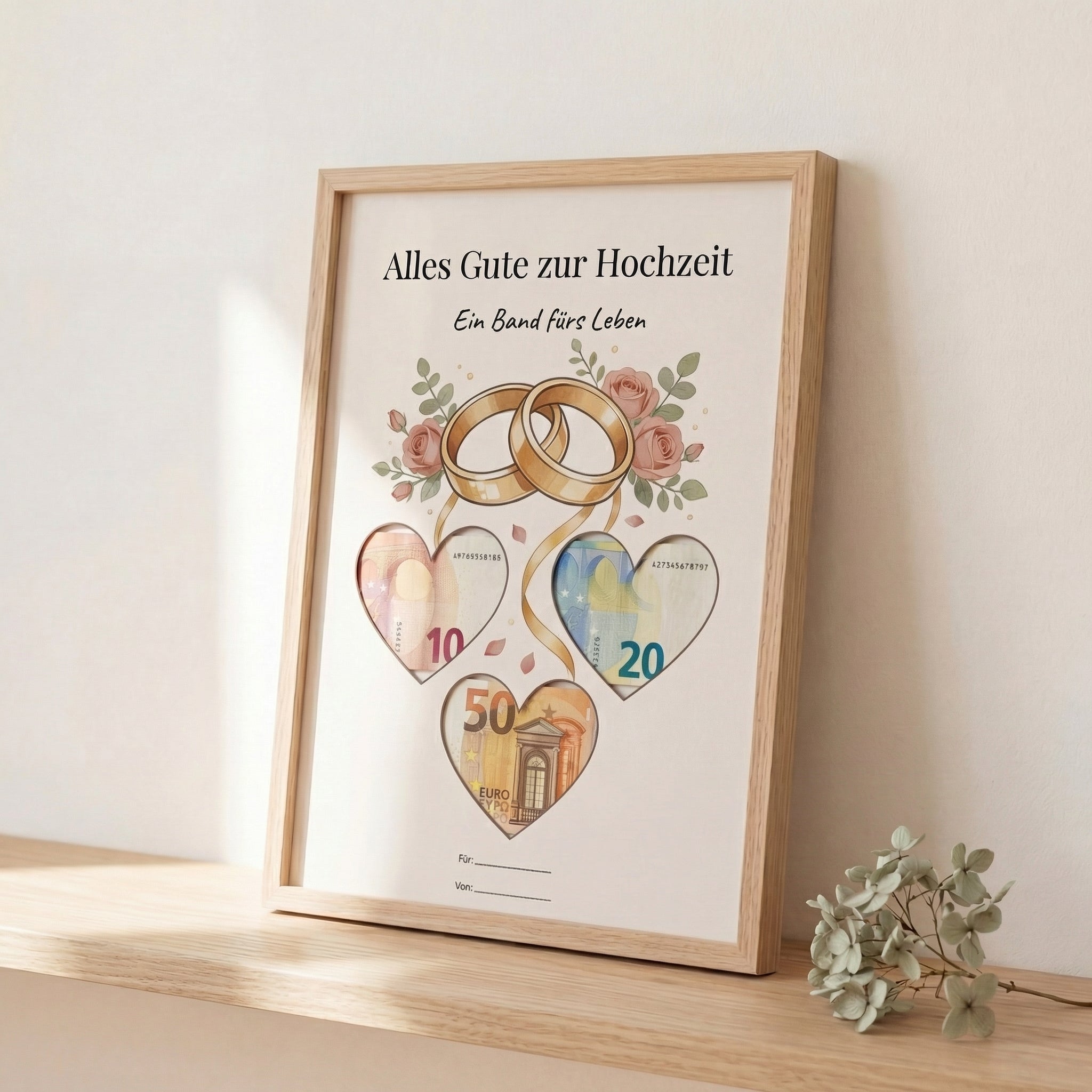 Wunscherfüller Hochzeit — Eheringe, Geldgeschenk Vorlage zum Ausdrucken - Lenora