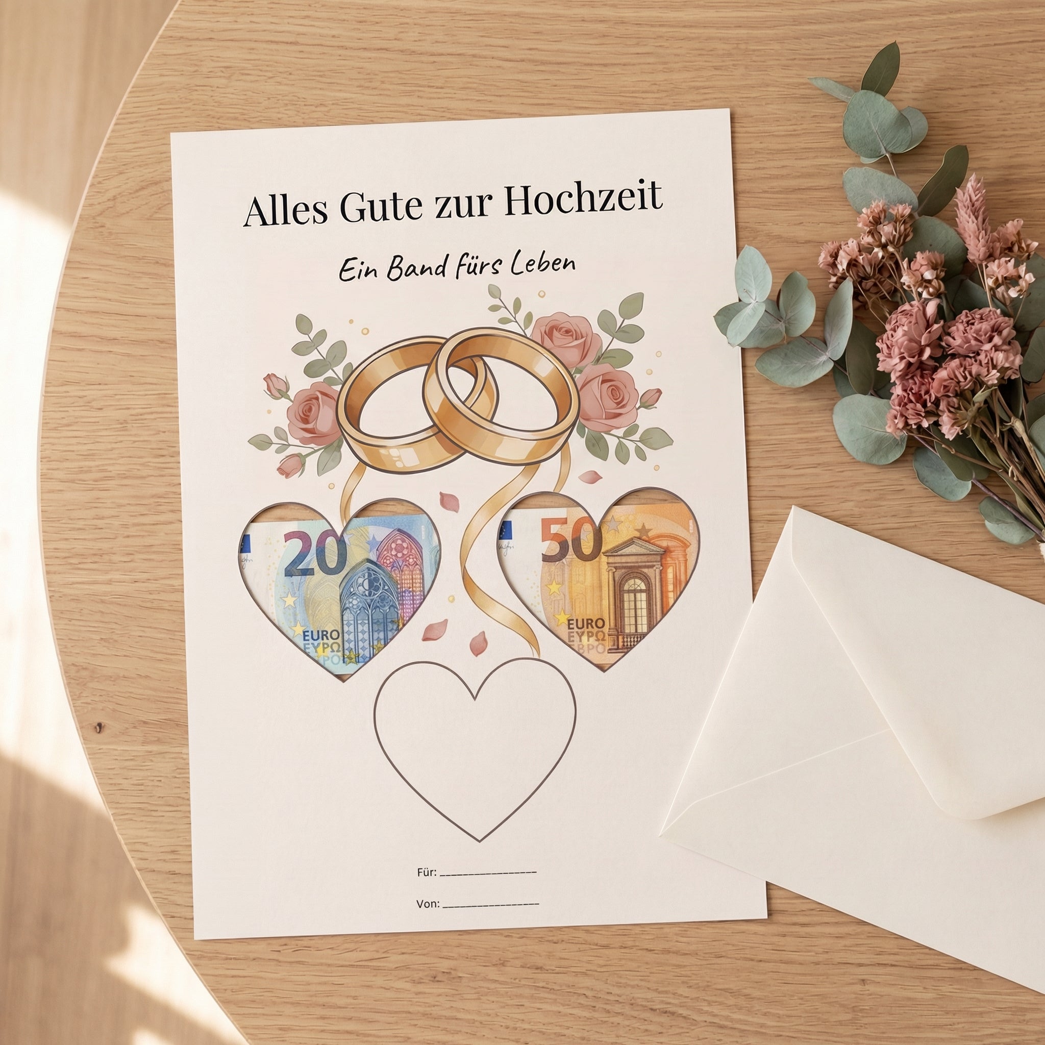 Wunscherfüller Hochzeit — Eheringe, Geldgeschenk Vorlage zum Ausdrucken - Lenora