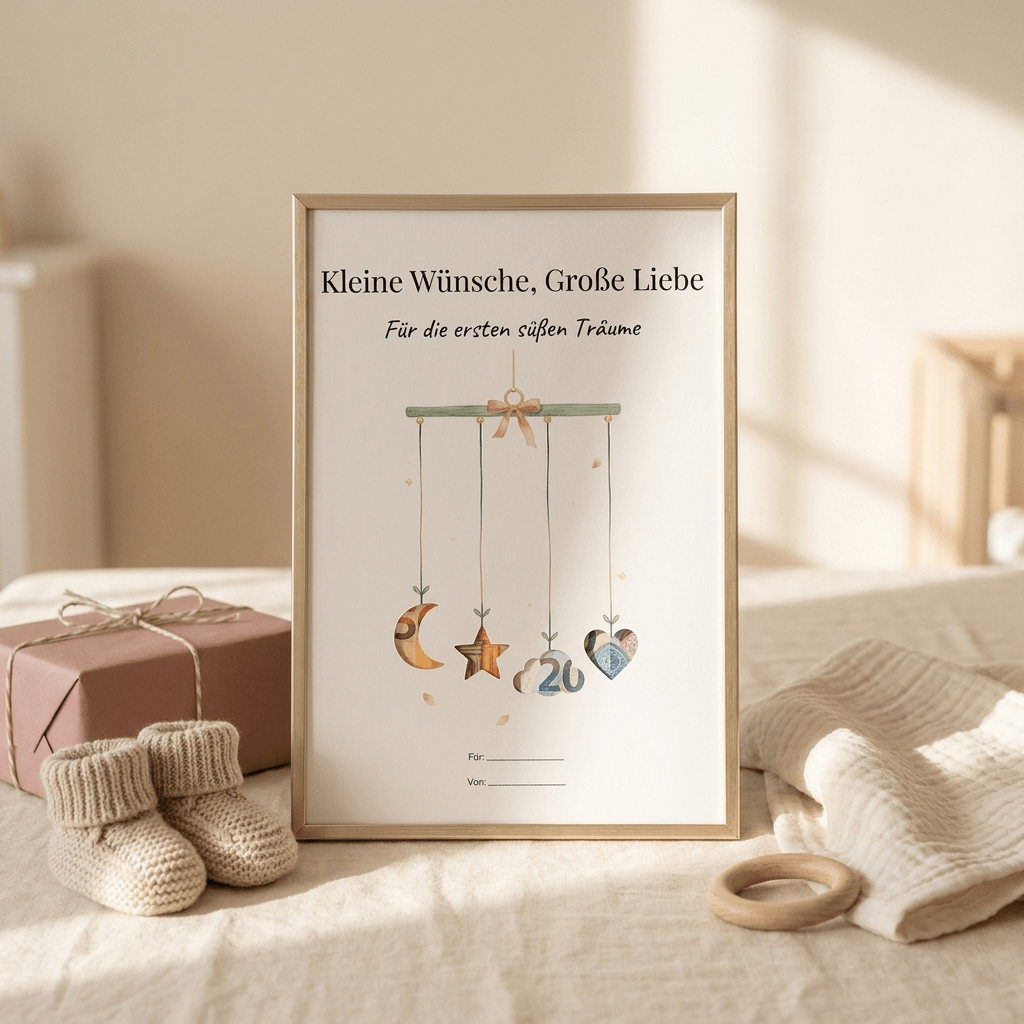 Wunscherfüller - Set Geburt & Mutterschutz · 3er Bundle Baby (Babyschuhe · Storch · Mobile), Geldgeschenk Vorlage zum Ausdrucken - Lenora