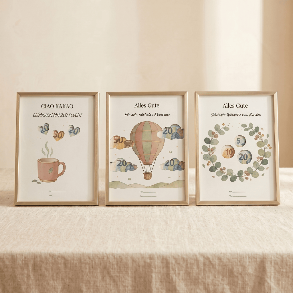 Wunscherfüller - Set "Die Klassiker" - 3er Bundle (humorvoller Abschied, Abenteuer, Runder Geburtstag), Geldgeschenk Vorlage zum Ausdrucken - Lenora