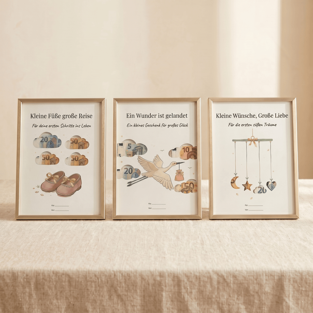 Wunscherfüller - Set Geburt & Mutterschutz · 3er Bundle Baby (Babyschuhe · Storch · Mobile), Geldgeschenk Vorlage zum Ausdrucken - Lenora