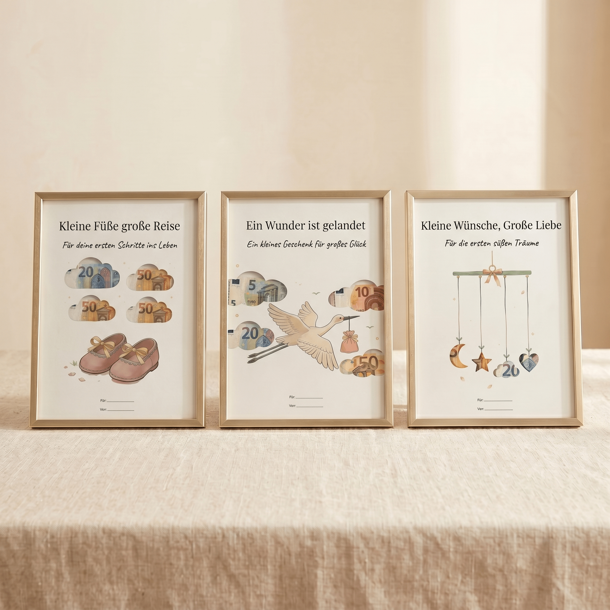 Wunscherfüller - Set Geburt & Mutterschutz · 3er Bundle Baby (Babyschuhe · Storch · Mobile), Geldgeschenk Vorlage zum Ausdrucken - Lenora