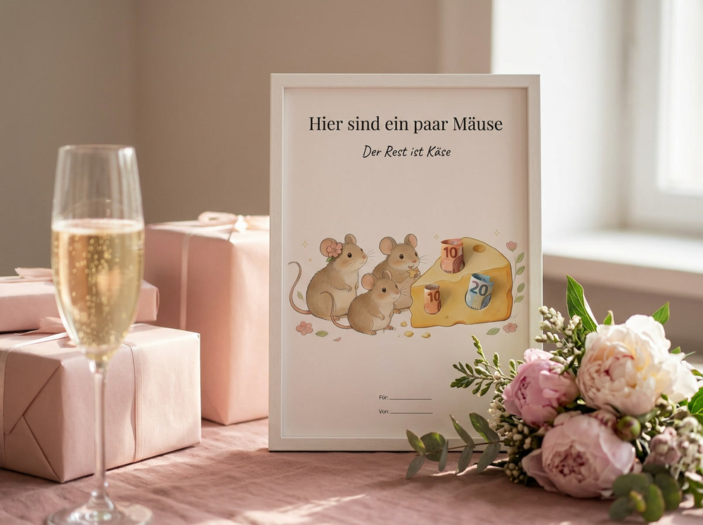 Wunscherfüller im Rahmen auf dem Geschenketisch.