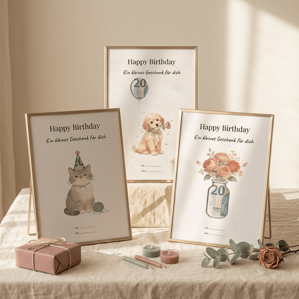 Wunscherfüller-Set Geburtstag · 3er-Bundle (Hund, Katze, Blumen), Geldgeschenk Vorlage zum Ausdrucken - Lenora