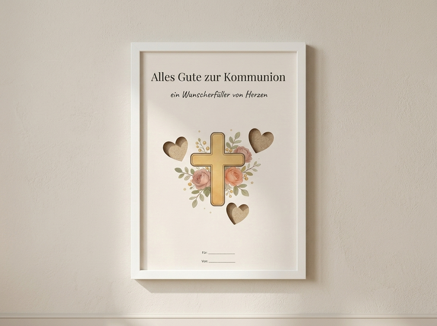 Wunscherfüller Kommunion Kreuz im Bilderrahmen an der Wand, ohne Geld